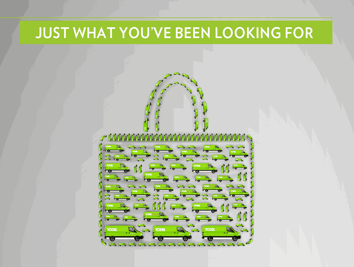 Green delivery vans arranged to form a handbag shape, with "Just What You've Been Looking For" written above.