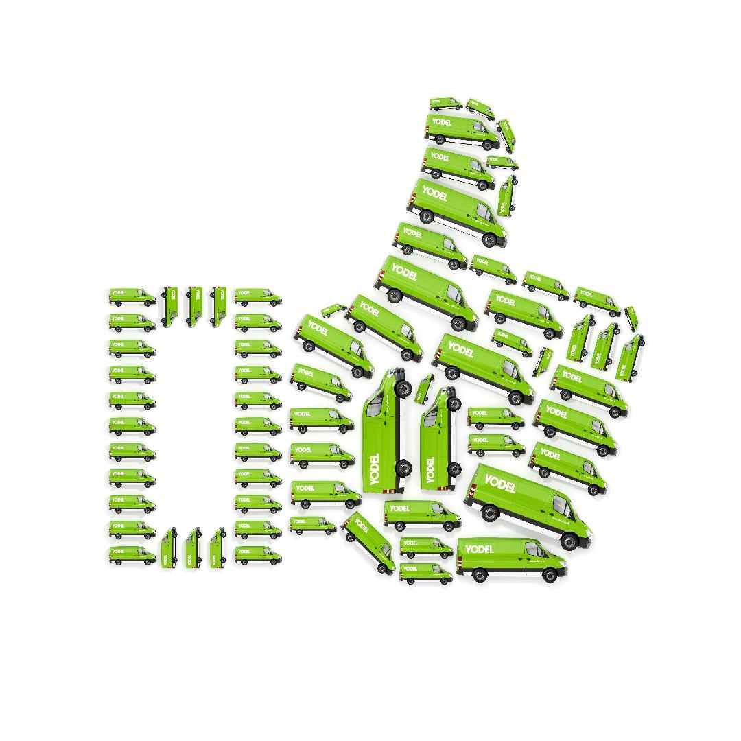 Green delivery vans arranged to form a thumbs-up symbol on a white background.